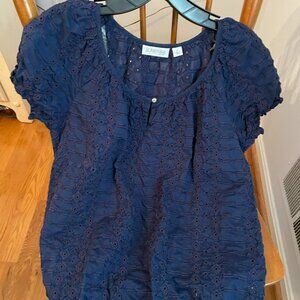 Navy Eyelet Peasant Blouse, Small